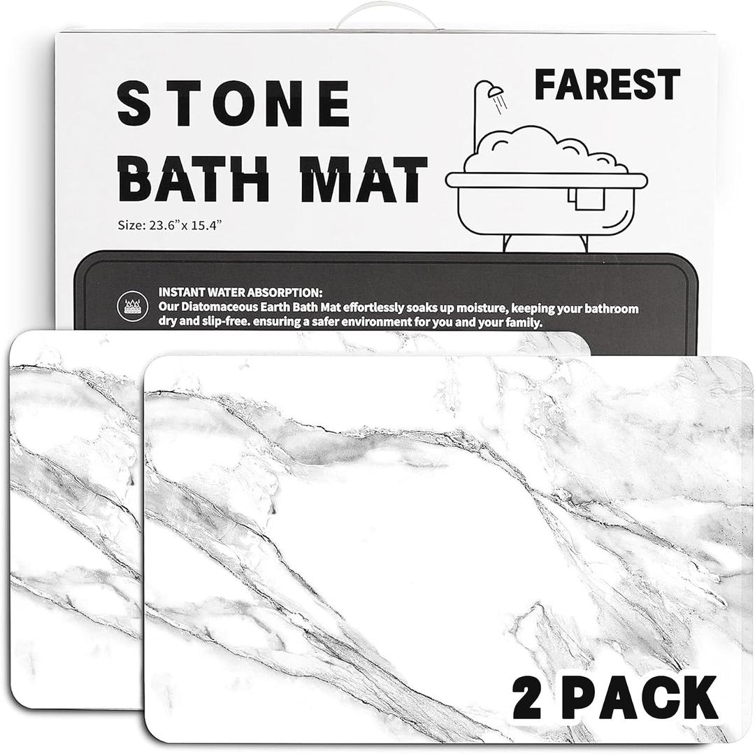 2 Pack Stone Bath Mat - Diatomaceous Earth Bath Mat Fast-Drying Stone Drying Mat Super Absorbent Diatomite Mats for Bathroom, Dish Drying, Bathtub (White Marble)