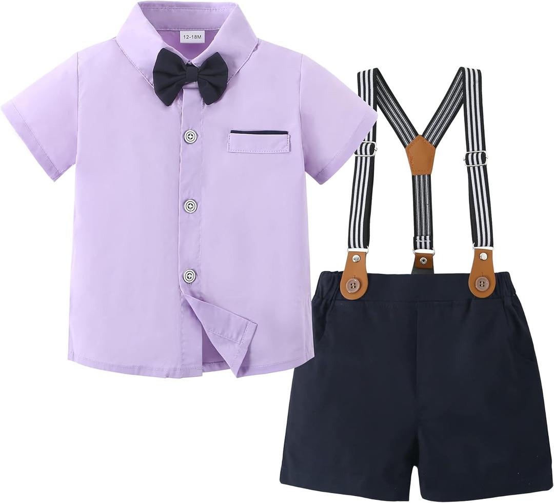 ZOEREA Toddler Baby Boy Clothes  Boy Gentleman Suit Short Sleeves Shirt +Suspender Pants +Bowtie Toddler Dress Boy Outfit (Purple), Size: 4-5T