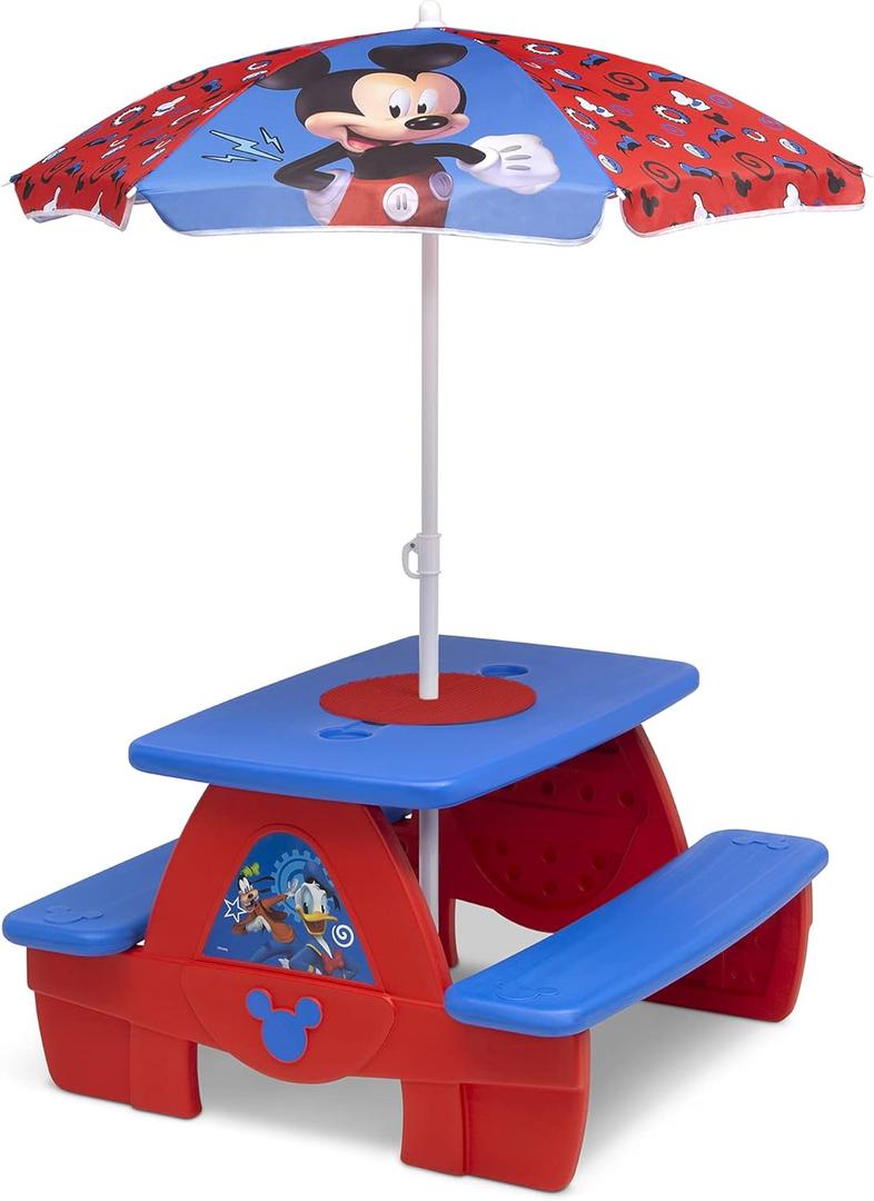 Disney Mickey Mouse - Mesa de picnic de 4 asientos con paraguas y mesa compatible con Lego Delta Children