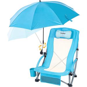 Low Beach Chair with Umbrella High Back Folding Camping Chair for Adults Breathable Mesh Seat and Back with Padded Headrest Cup Holder Storage Pocket Adjustable Tilt Sunshade Portable for Beach