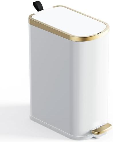 CEROELDA Small Bathroom Trash Can with Lid Soft Close-10L/2.6 Gal Slim Garbage Can-Metal Step Wastebasket-Rectangle Narrow Waste Bin for Office, Bedroom, Toilet, Live Room (White)