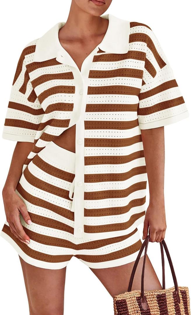 PRETTYGARDEN Women's 2 Piece Shorts Sets Casual Summer 2025 Short Sleeve Striped Sweater Set Matching Beach Vacation Outfit (X-Large, Khaki)