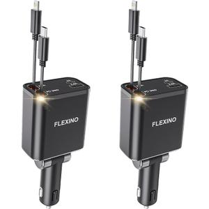 Flexino Retractable Car Charger for iPhone 16, 69W Fast Charging Car Charger USB C, Car Chargers with 2 Retractable Cords 2.6ft, Car Adapter for iPhone 16/15 Series, Galaxy(Grey, Dual Type C)