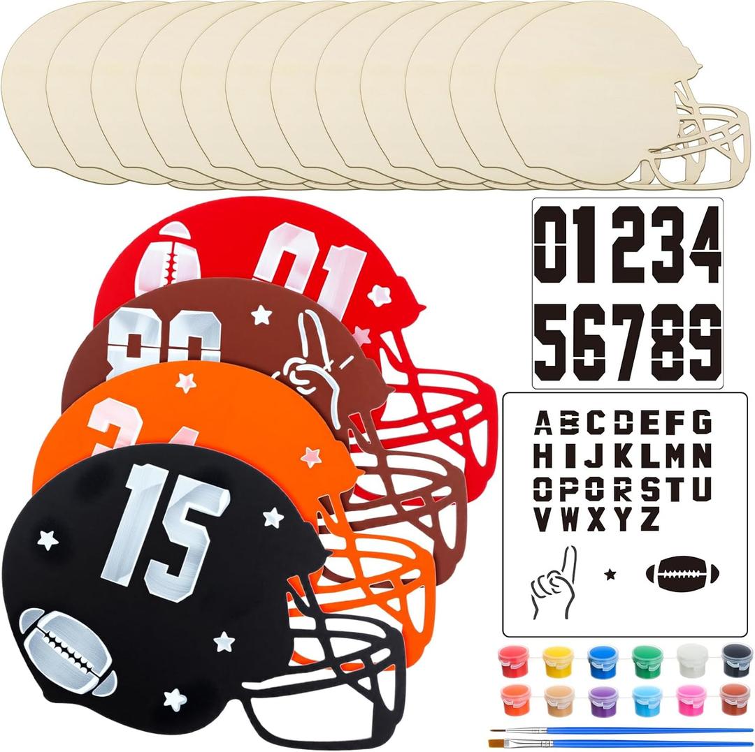 DoubleFill 12 Pcs Football Crafts for Kids Unfinished Large Wooden Footballs Cutout Paint Craft Kit for DIY Crafts Footballs Theme Party Decorations Goodie Bag Gift Prize (Helmet)