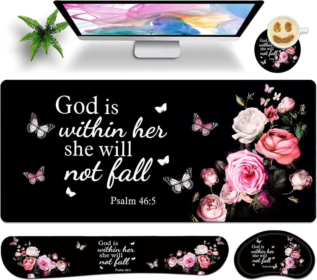 Large Gaming Mouse Pad Set 35.4 x 15.7 with Keyboard Wrist Rest, Wrist Support, and Coaster Memory Foam Smooth Desk Pad Mousepad for Home Office School - Floral Bible