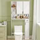 GOODONE White Over The Toilet Storage Cabinet - with 3 Doors and Toilet Paper Holder Stand, FreeStanding, for Bathroom, Restroom, Laundry