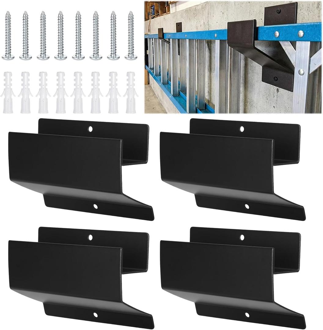 Beeveer 4 Pack Ladder Hooks for Garage Wall Heavy Duty Steel Ladder Brackets with Mounting Hardware, Heavy Duty Utility Hanger for Step, Wheelbarrow & Garden Tools Storage, 50 Lbs Capacity