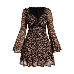 BEAUDRM Women's Y2k Plus Size Hippie Vintage Boho Dress Leopard Bell Long Sleeve V Neck Bow Mesh Goth Mini Dresses (Leopard, 2XL)
