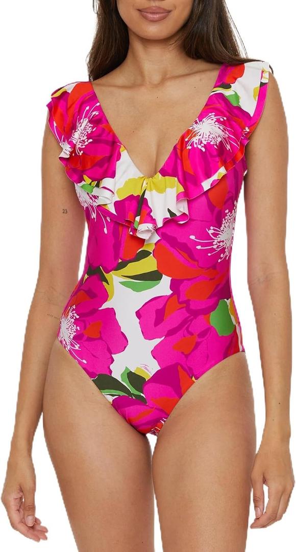 Trina Turk Women's Bloom Ruffle One Piece Swimsuit, Plunge V-Neck, Bathing Suits , 8, Multicolor