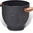 Metal Colander with Wood Handle and Stable Base, Powder Coated Steel Kitchen Strainer Basket for Draining Pasta, Vegetable and fruit(3quart,Matte Black)