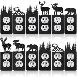 Kingdder 12 Pcs Metal Bear Light Switch Cover Moose Tree Mountain Elk Black Light Switch Plate Forest Outlet Toggle Wall Plate Cover for Home Bedroom Single Gang Socket