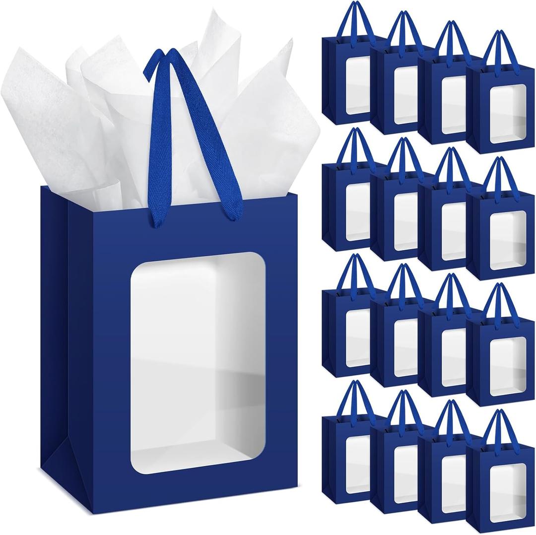 Zhanmai 36 Pcs Kraft Clear Gift Bags with Tissue Paper, 10 x 7 x 5 Inch Laege Paper Gift Bags with Window Handles for Bouquet Graduation Wedding Baby Shower Birthday Festivals Party Favors(Blue)