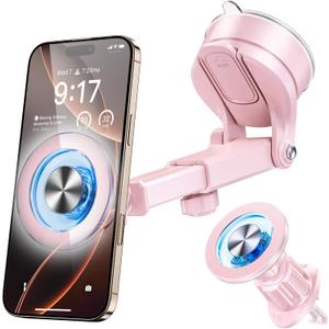 for MagSafe Magnetic Car Phone Holder [2026 Upgraded Strongest Magnet] Car Mount Suction Cell Stand for Dashboard Windshield Vent Compatible with iPhone 16/15/14/13/12/11 Android etc-Pink