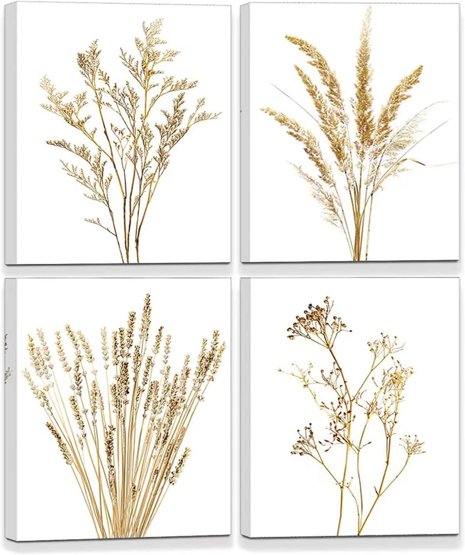 WANBOYA Botanical Boho Wall Art Modern Bathroom Decor Golden Yellow Plant Wall Art Prints Beige Room Aesthetic Nature Kitchen Living Room Bedroom Decor Home Decor Framed Ready to Hang (8"x10"x4pcs)