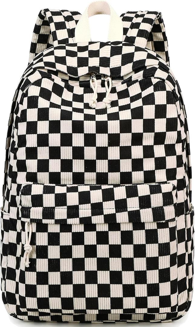 School Backpack for Teen Girls Bookbags Elementary High School Corduroy Laptop Bags Women Travel Daypacks (Corduroy Black White)