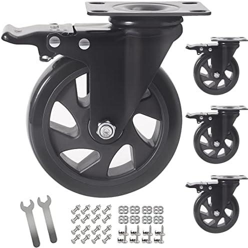 5 Inch Swivel Caster Wheels Set of 4, Heavy Duty Casters with Brake, Polyurethane Locking Casters for Cart, Workbench and Trolley-Load 2200lbs, Black(Two Hardware Kits)