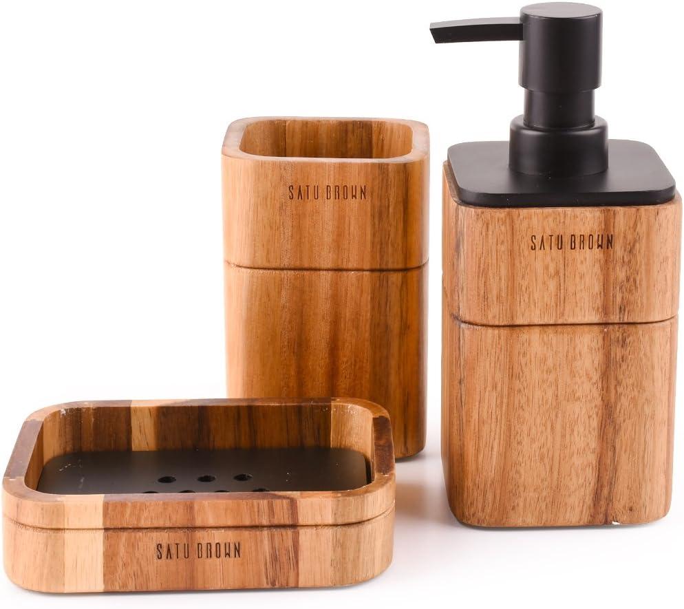 Bathroom Accessory Set Acacia Wood 3 Pieces Includes Bathroom Soap Dispenser, Bathroom Tumbler, Soap Dish Accessories for Bathroom Decor and House Warming Gift