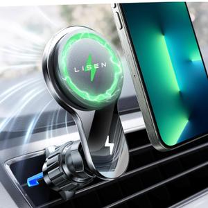 LISEN for 15w Magsafe Car Vent Mount Charger with Turbo Fan Cooling (-8C Reduction) for iPhone 16 Wireless Magnetic Car Phone Holder Mount Charger Fit for iPhone 16e 16 15 14 13 12 Samsung Android
