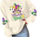 LUKYCILD Women Mardi Gras Sweatshirts Carnival Sweatshirt Funny Mask Graphic Long Sleeve Shirt Fat Tuesday Pullover Top (White, L)