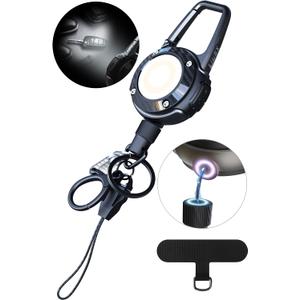 LIUGX LED Magnetic Retractable Keychain Flashlight 250 LumensUSB-C Rechargeable, with Phone Tether Tabs, Retractable Badge Reel with 20Dyneema Cord, 35oz, Ideal Keychain for Phone, Key, Badge Holder