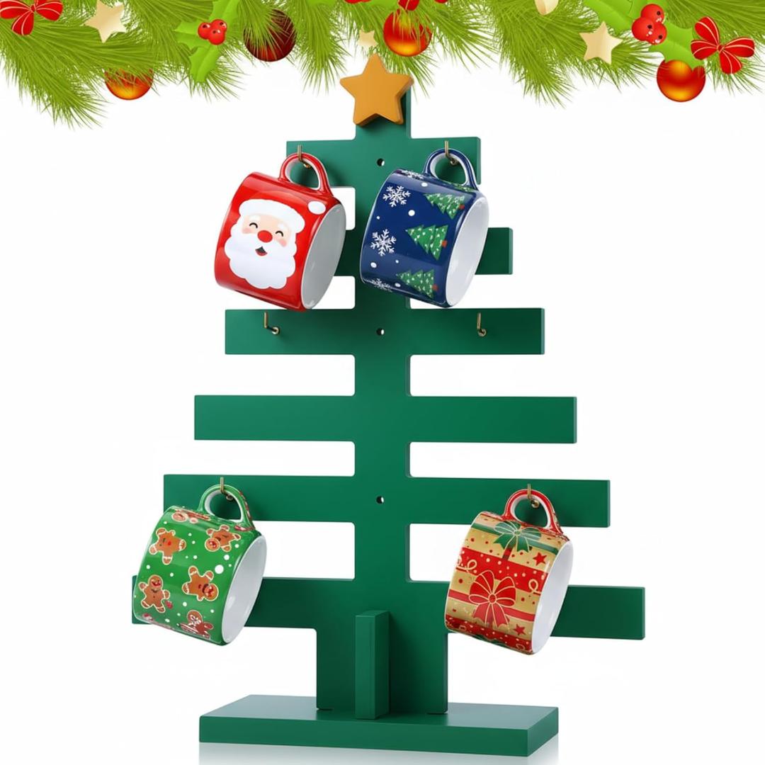 Bokon Christmas Mug Holder Tree Christmas Tree Coffee Cup Holder with 6 Removable Hooks 16 Inch Countertop Mug Rack for Counter, Coffee Bar, Kitchen Accessories and Organizer Station