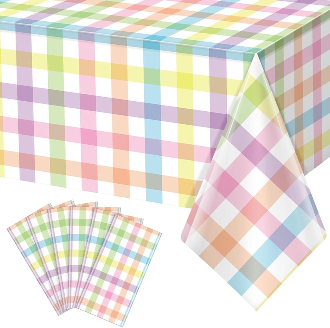 6Pcs Spring Easter Pastel Plaid Tablecloths Decorations,Plastic Pink Blue Yellow Green Watercolor Buffalo Disposable Table Cover for Indoor Outdoor Spring Birthday Easter Party Supplies,54 x 108 Inch