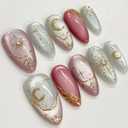 2 x Medium Press on Nails Almond Fake Nails Pink Acrylic Nail Press ons SEENEEY GoldMoon and Stars Designs Cat eye Stick on Nail for Women 30pcs