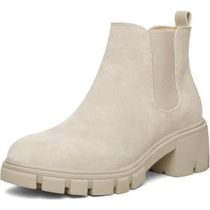 mysoft Women's Platform Chelsea Boots Lug Sole Slip On Chunky Block Heel Ankle Booties (8, Beige)
