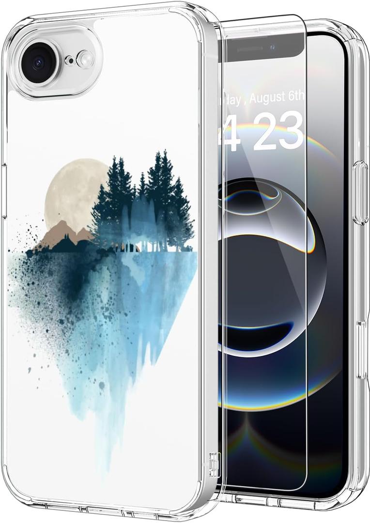 ICEDIO for iPhone 16e Case with Screen Protector-Clear with Fashionable Trendy Patterns-Designed for Girls and Women-Slim Fit Cover-Protective Phone Case 6.1" Blue Painting