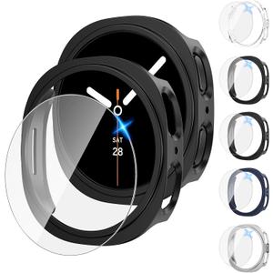 Tensea [5+5Pack for Samsung Galaxy Watch 8 Screen Protector Case 44mm Accessories, Hard PC Bumper/HD Anti-Fog Tempered Glass Protective Film, Face Cover Set, Galaxy Watch 8 Case for Women Men (Clear/Black/Black/Silver/Blue)