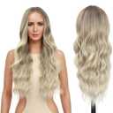 FUTAI Long Wavy Wig 30 Inch Ombre Ash Blonde HD Front Lace Body Curly Synthetic Hair Wigs for Women Professional Female Diverse Styles Daily Party Cosplay