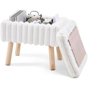 Wimarsbon Storage Ottoman,Soft Faux Fur Footstool with Padded Seat, Small Reading Vanity Chair, Footrest with Wood Tray for Couch, Mini Coffee Table or Display Stand (Cream)