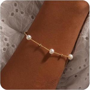 Pearl Bracelets for Women Stainless Steel Adjustable Dainty Pearl Bead Link Simple Cute Women's Bracelet Trend Bridesmaid Jewelry Gifts for Her