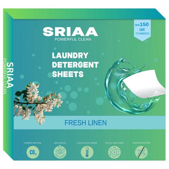 SRIAA Laundry Detergent Sheets – 75 Sheets (150 Loads) | Larger Sheet 5.5x4.5 Inches Fresh Linen Scent Sheets | Eco-Friendly, Biodegradable, Hypoallergenic | Travel-Friendly & Zero Waste
