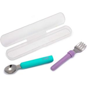 melii Detachable Baby Spoon and Fork Set with Compact Travel Case – BPA Free Soft Grip Utensils for Self Feeding – Portable Spork for On the Go Dining (Blue & Purple)