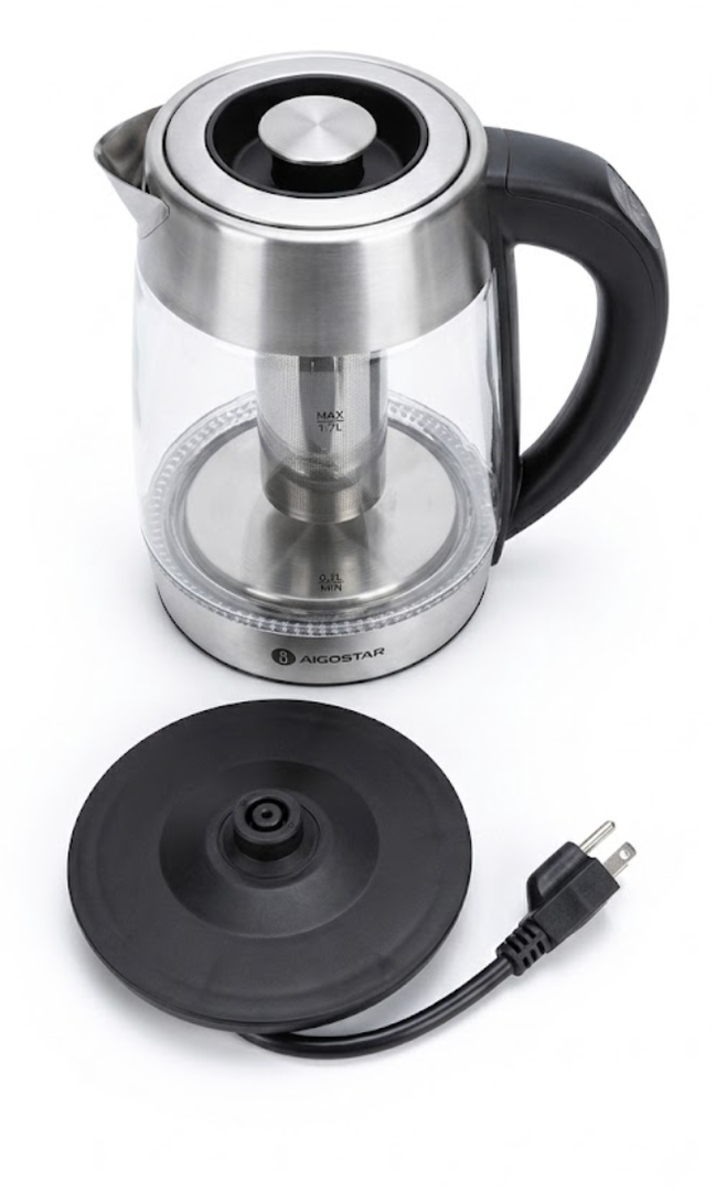 Electric Kettle with Glass Carafe for Tea and Coffee, BPA-Free, Fast Boiling, Auto Shut-Off, Boil-Dry Protection, Water Level Indicator