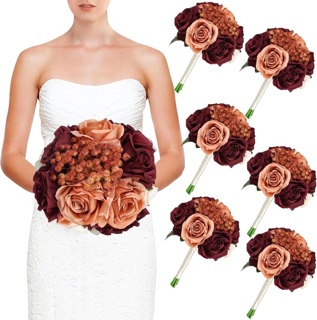 Wedding Bridesmaid Bouquets Set of 6, Artificial Silk Flowers Arrangement for Ceremony Marriage Proposal Party Anniversary Decorations - Burnt Orange & Burgundy