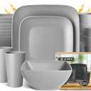 Teivio 32-piece Plastic Wheat Straw Square Dinnerware Set for 8, Unbreakable Dinner Plates, Salad Plates, Snack Bowls, Tumblers, Dishwasher Safe, Light Gray