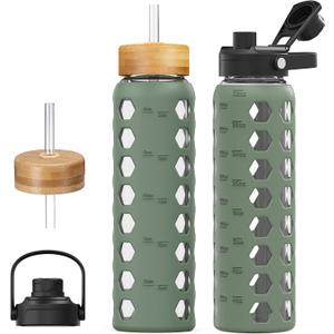 MUKOKO Glass Water Bottles, 32oz Glass Tumbler with Straw, Drinking Bottles with 2 Lids-Handle Spout Lid&Bamboo Straw Lid, Motivational Water Bottle with Time Marker and Silicone Sleeve, 1 Pack-Olive
