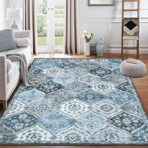 10x13 Area Rug Extra Large Moroccan Trellis Machine Washable Rug Vintage Medallion Distressed Accent Rug Stain Resistant Non-Slip Floor Cover Carpet for Living Room Bedroom, Blue/Grey