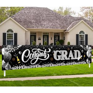 2025 Graduation Decorations-Black and Silver Congrats Grad Yard Sign Banner Decoration for Class of 2025 Graduation Party Supplies