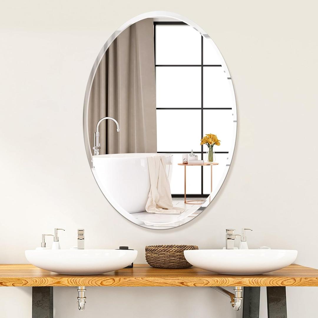 Frameless Oval Bathroom Mirror, 20x28 Inch Beveled Edge Vanity Wall Mirror for Over Sink, Modern Decorative Mirror for Bathroom, Bedroom, Entryway