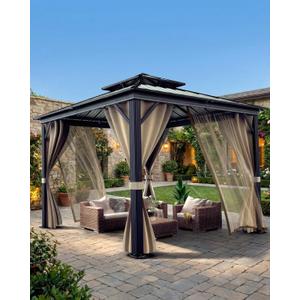12'X12' Hardtop Gazebo, Galvanized Steel Aluminum Frame with Double Roof, Heavy-Duty Outdoor Patio Gazebo with Curtains & Netting for Backyard, Deck, Porch, Garden, Lawn, Khaki