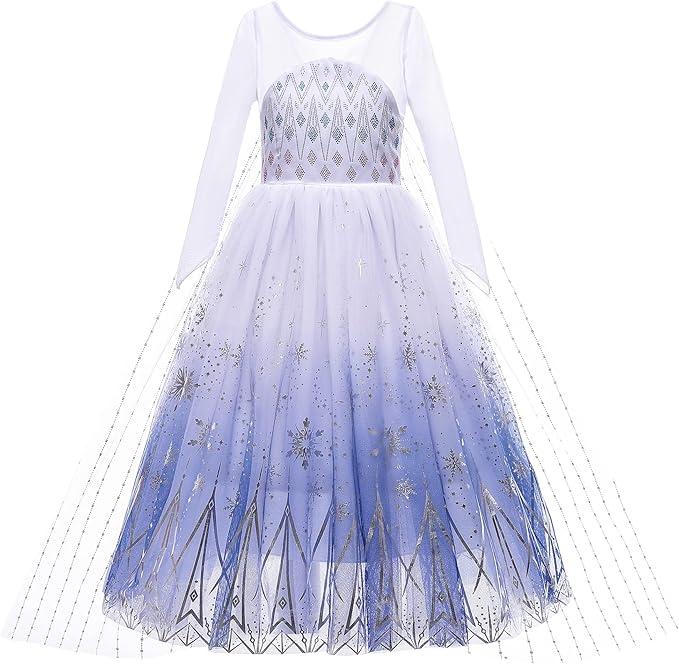Girls Princess Costumes Snow Queen Princess Dresses Fancy Dress Up Clothes for Halloween Snow Party Cosplay, White, 100