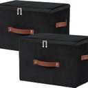 2PCS Storage Bins with Zipper Lid Velvet Fabric Storage Boxes Lidded Baskets Foldable Washable Decorative Closet Shelf Clothes Organizer Container with PU Leather Handles (Black, Large) (Large ( Set of 2 ))