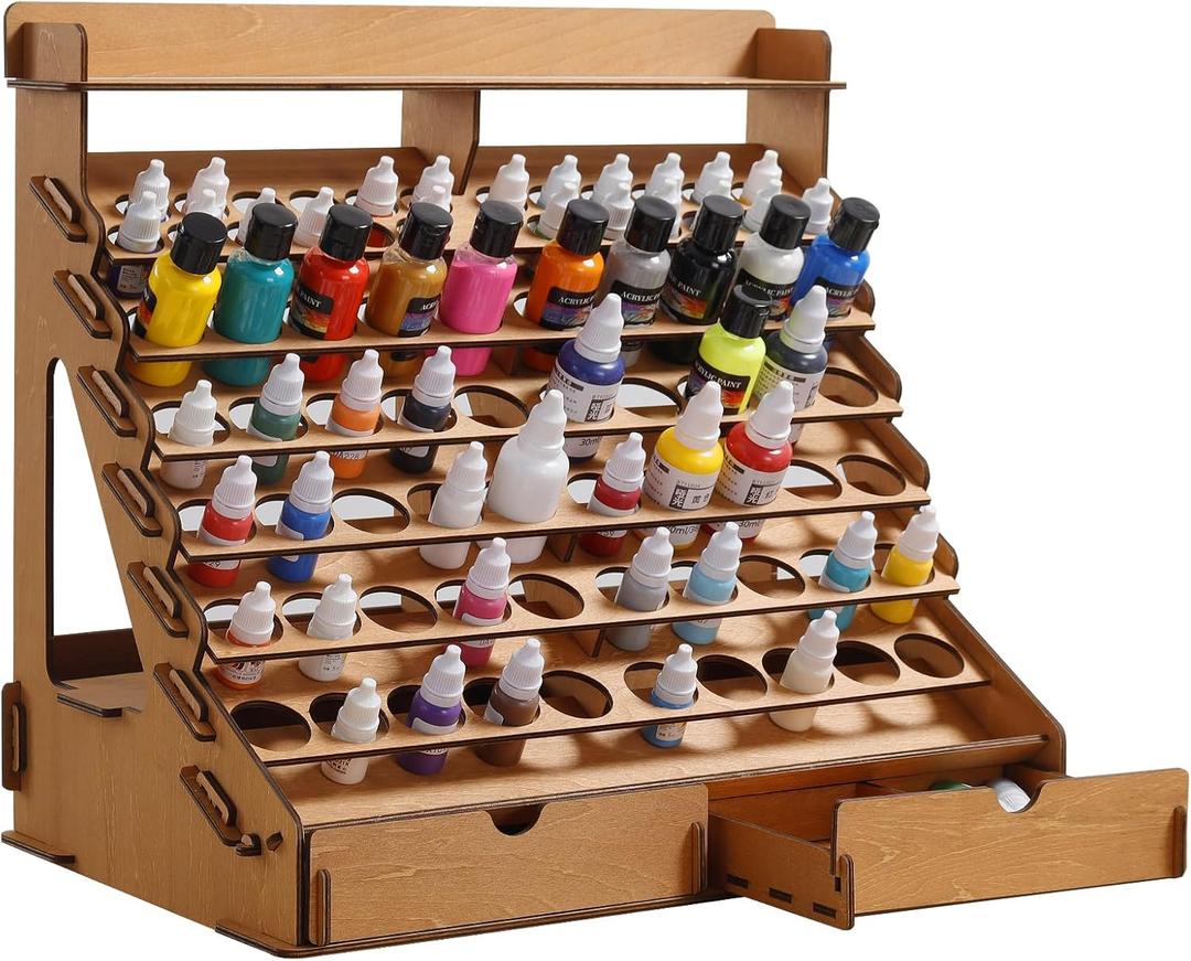 16.5 Wooden Paint Organizer and Holder for 74 Bottles with 2 Drawers, Removable Compartments, and Back Storage Space for Acrylic and Craft Paints