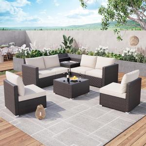 IDEALHOUSE 8 Pieces Outdoor Wicker Rattan Patio Furniture Sectional Set, Conversation Sets with Glass Table and Hidden Storage, Brown Rattan with Beige Cushion