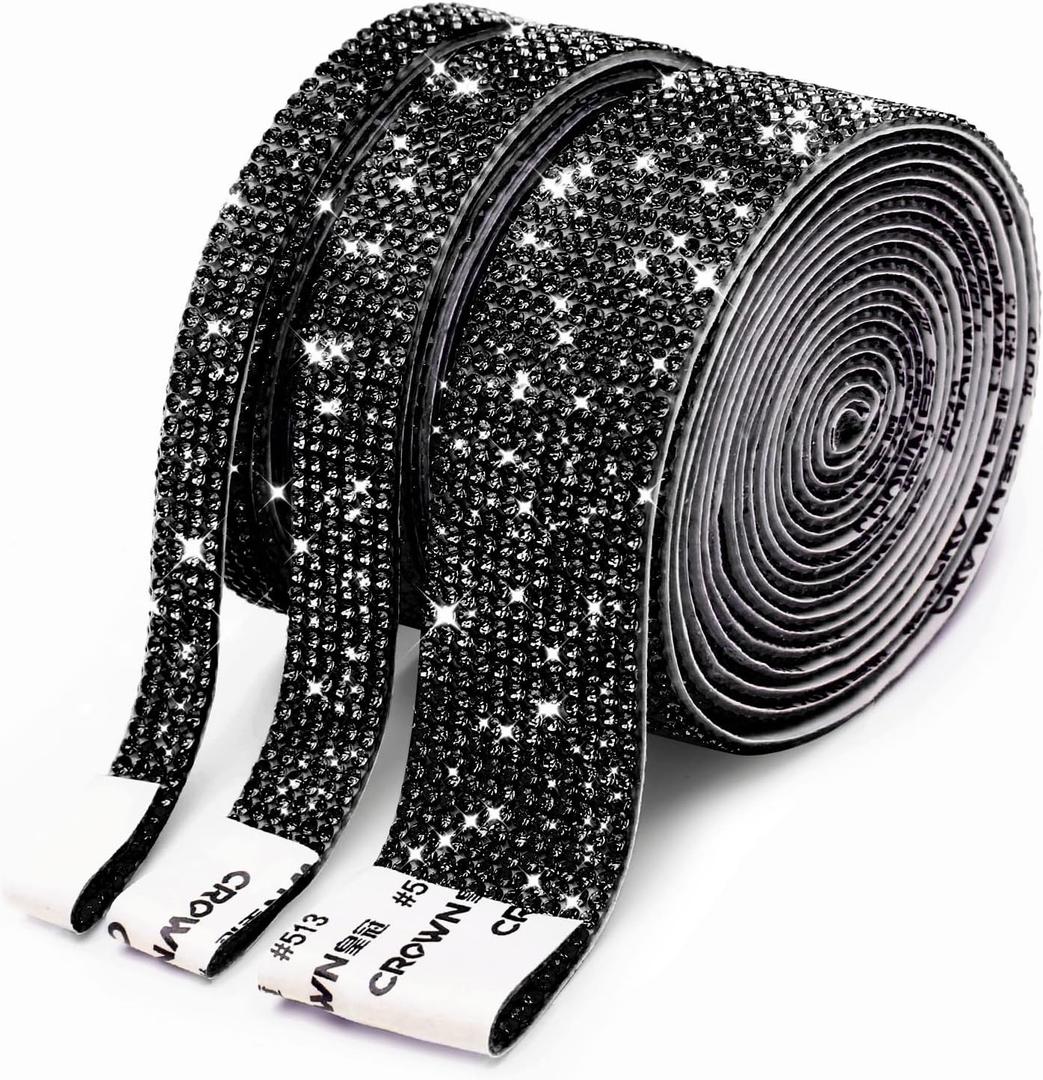 3 Rolls 6.6 Yards Self-Adhesive Crystal Rhinestone Diamond Ribbon, DIY Rhinestone Stickers Strips with 2 mm Rhinestones for Arts Crafts,Car Computer Makeup Mirror Decoration(Dark Black)