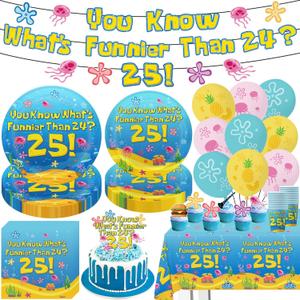Blue Ocean Birthday Party Decorations Tableware 104Pcs Whats Funnier Than 24 25 Birthday Supplies Include Banner Balloons Plates Napkins Cups Tablecloth Cupcake Toppers and Cake Topper