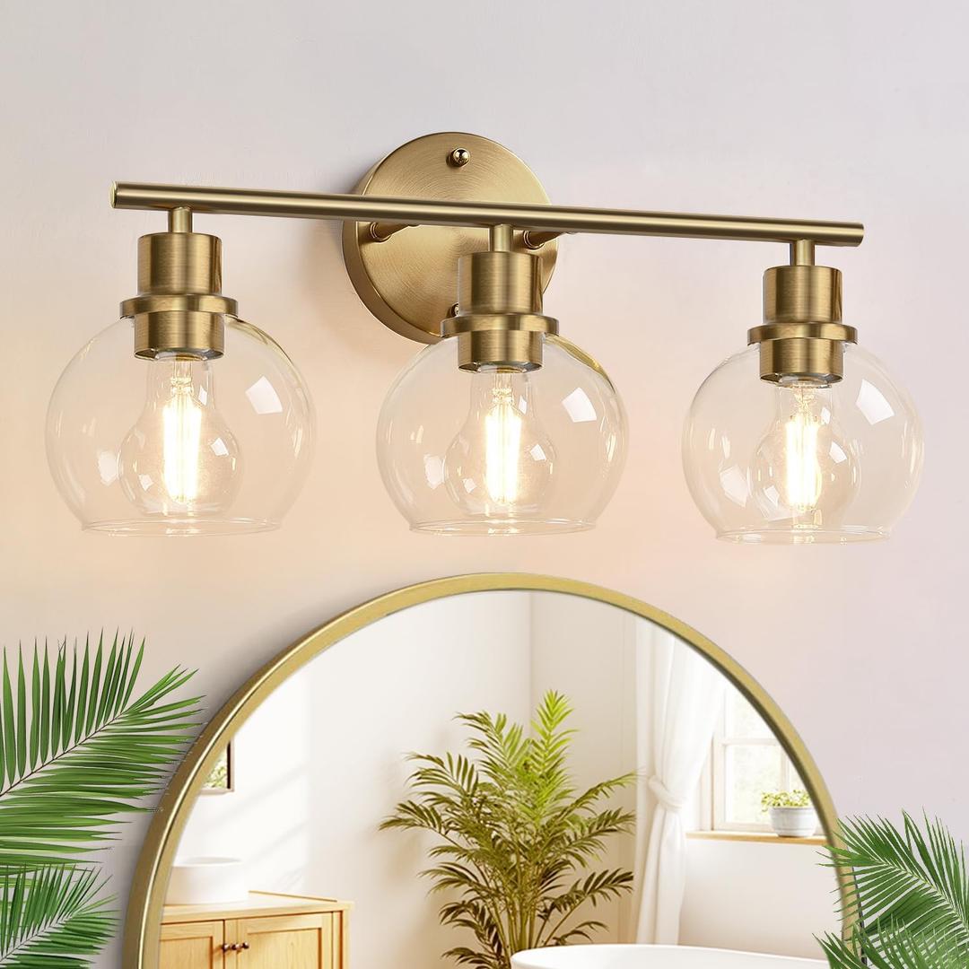 Indoi 3-Light Bathroom Light Fixtures, Brushed Brass Bathroom Lights Over Mirror with Clear Glass Globe Shade, Vanity Lights for Bathroom Kitchen Living Room Hallway Cabinet Bedroom Porch
